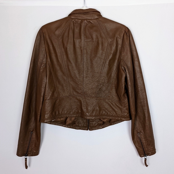 ZARA Basic XL Lambs Leather Brown Tan Moto Jacket Coat Crop Zipper Sleeves - Picture 2 of 9